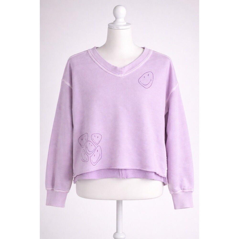 Aerie Smiley Face Sweatshirt XS Purple Cropped Raw Hem Pullover